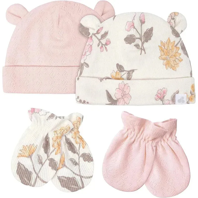 Just Born - Baby-girls 4-piece Caps & Mittens SetMittens, Dusty Pink and Floral, 0-6M