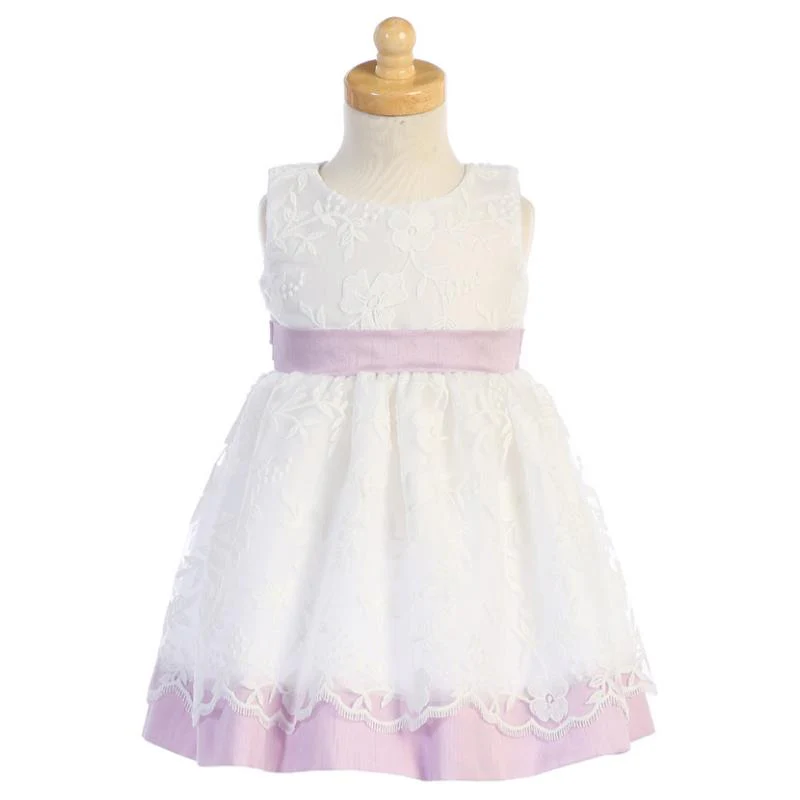 Lito Baby Girl Dress Embroidered Mesh With Poly Silk Trims, Lilac