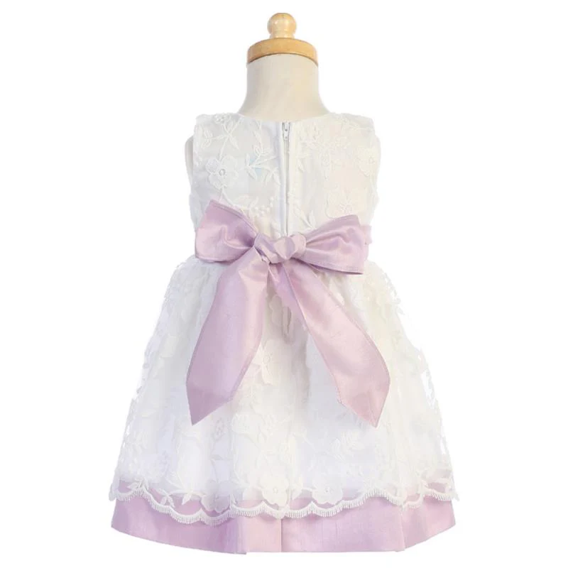 Lito Baby Girl Dress Embroidered Mesh With Poly Silk Trims, Lilac - Image 2