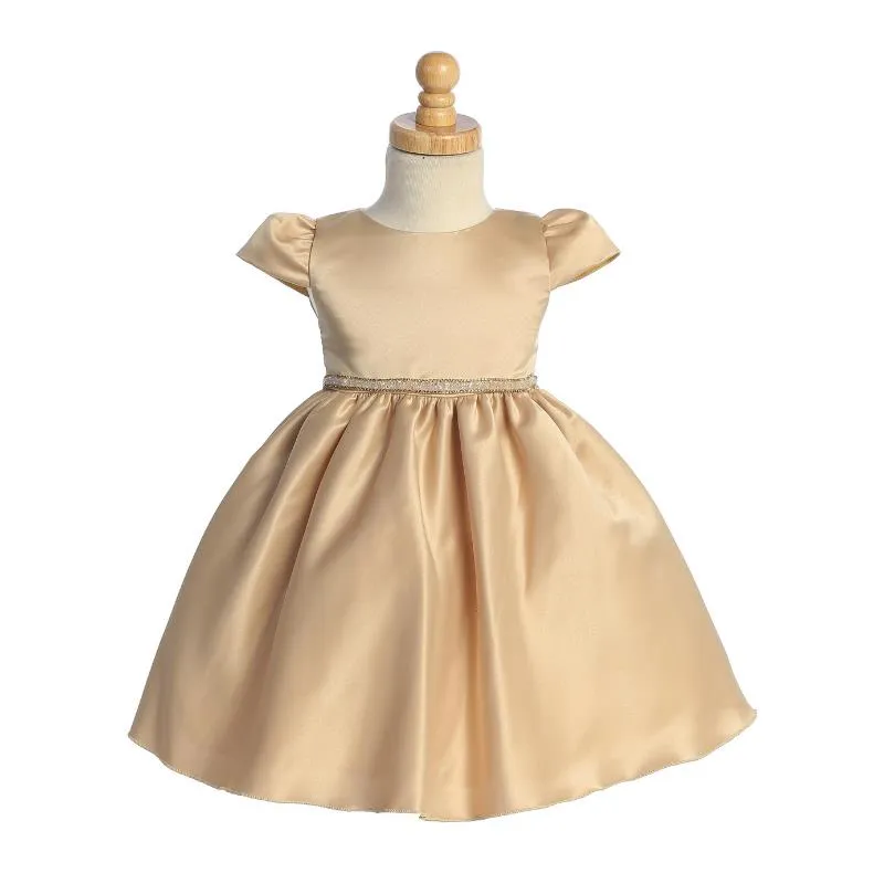 Lito - Baby Girl Satin Dress With Beads & Rhinestone Trim, Gold