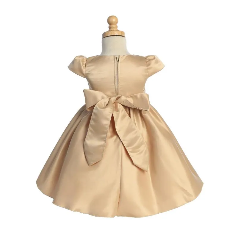 Lito - Baby Girl Satin Dress With Beads & Rhinestone Trim, Gold - Image 2