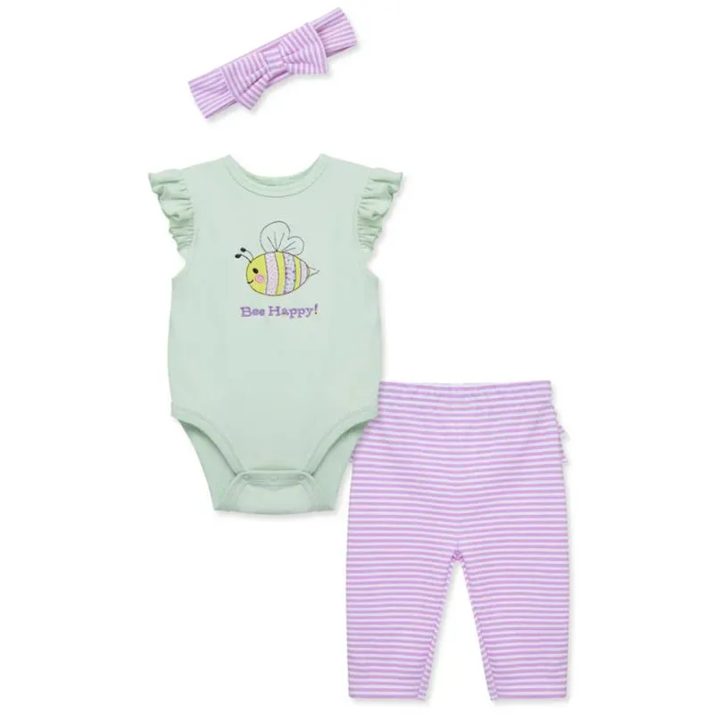 Little Me - 3Pk Baby Girl Bee Happy Bodysuit & Pant Set