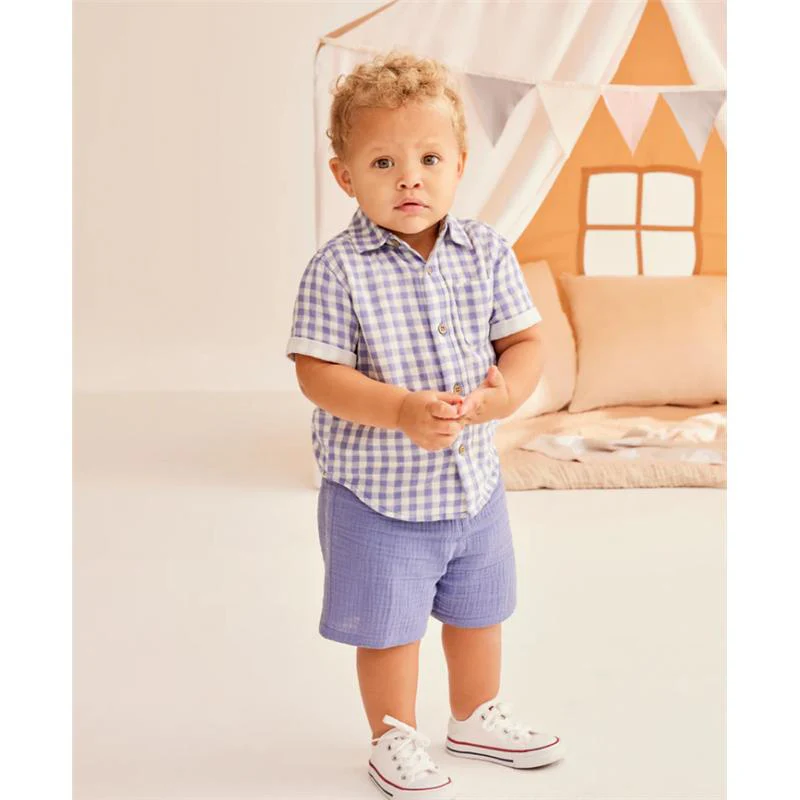 Little Me - Baby Boy Check Short Set, Blue - Image 3