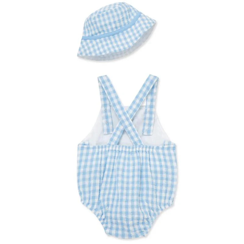 Little Me - Baby Boy Check Sunsuit Hat, Blue - Image 2