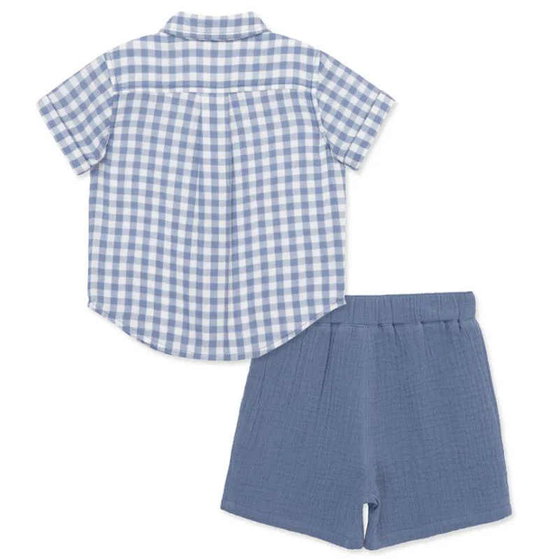 Little Me - Baby Boy Check Woven Short Set, Blue - Image 2