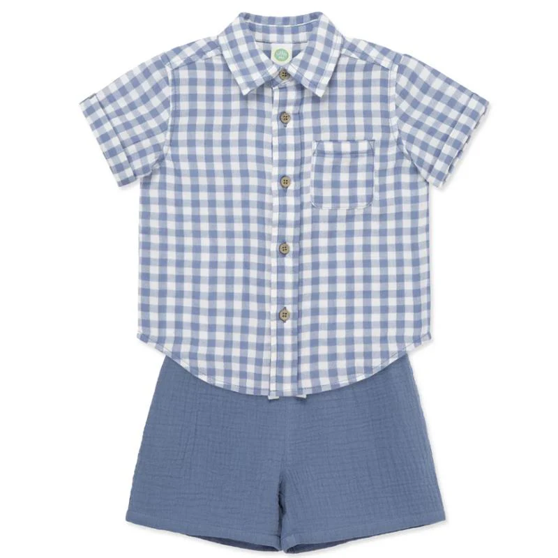 Little Me - Baby Boy Check Woven Short Set, Blue - Image 4