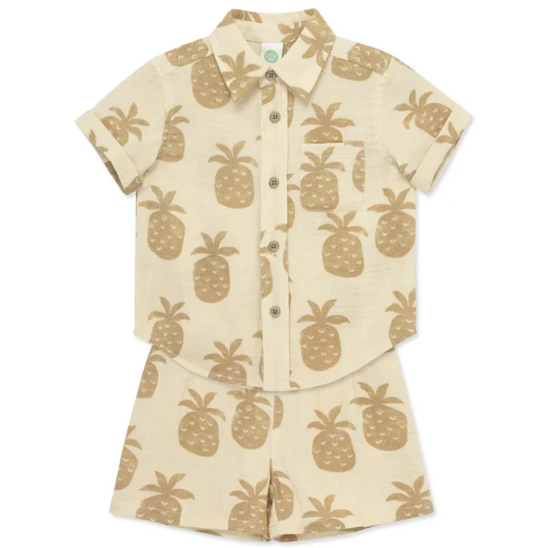 Little Me - Baby Boy Pineapple Woven Short Set, Tan - Image 4
