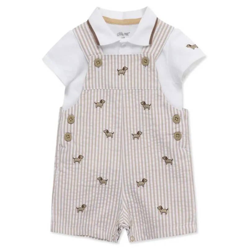 Little Me - Baby Boy Puppies Woven Shortall Set - Image 4