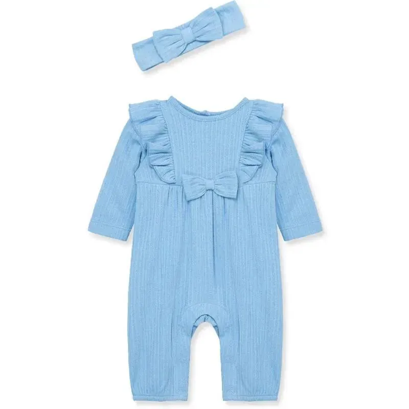 Little Me - Baby Girl Blue Pointelle Knit Jumpsuit & Headband