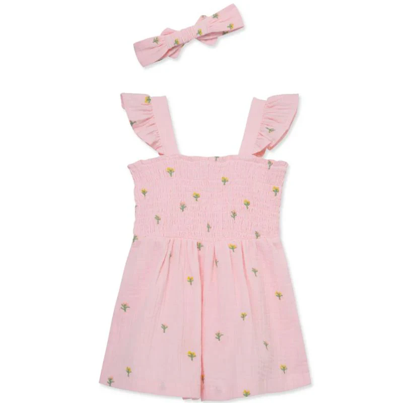 Little Me - Baby Girl Floral Schiffli Woven Romper Pink - Image 2