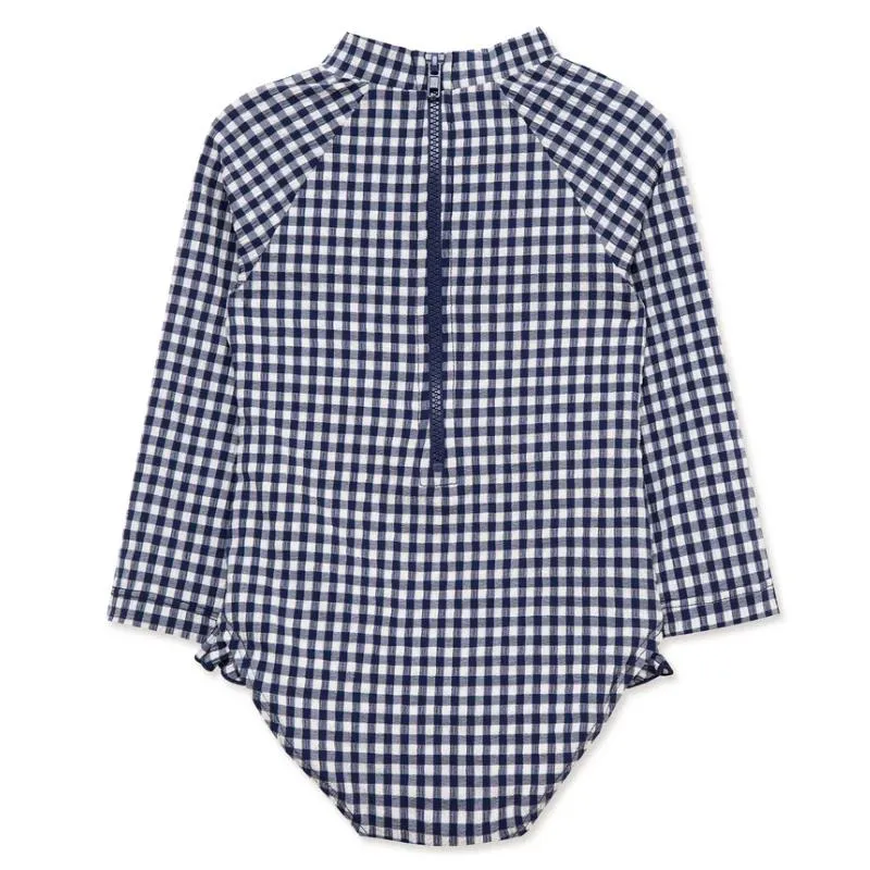 Little Me - Baby Girl Gingham 1-Piece Rashguard Swimsuit Blue - Image 2