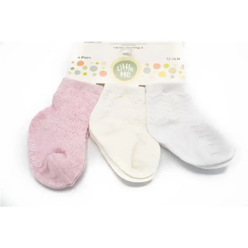 Little Me Beige/White/Pink 6pk Warm Baby Girl Socks - Image 2