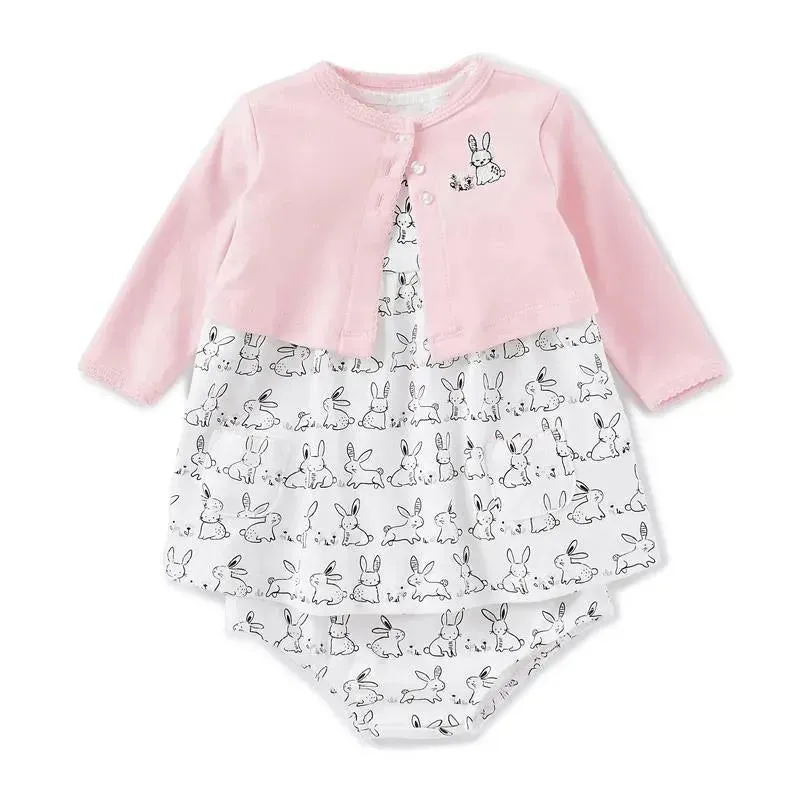 Little Me - Bunny Dress Set, White Print - Image 3