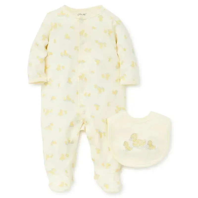 Little Me - Little Ducks Footie/Bib, Yellow Print - Image 5