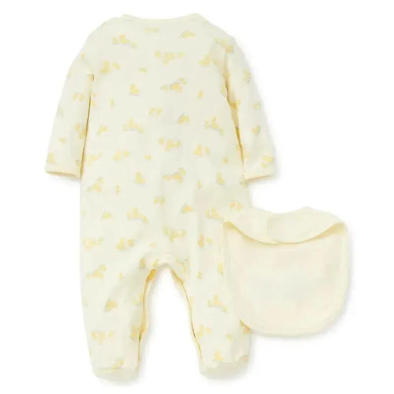 Little Me - Little Ducks Footie/Bib, Yellow Print - Image 6