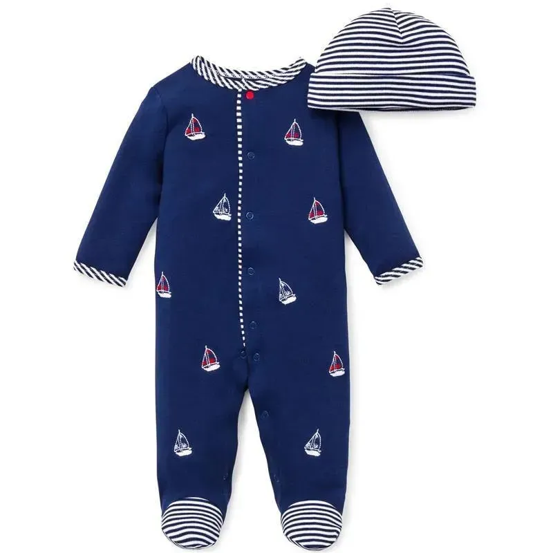 Little Me - Sailboats Footie & Hat, Navy - Image 2