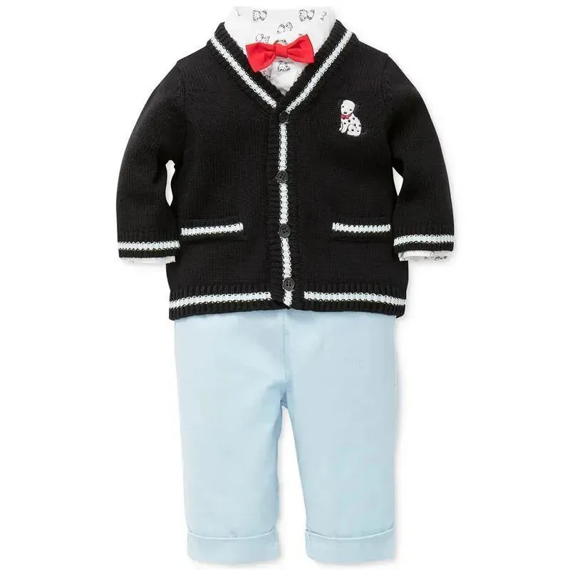 Little Me Signature Luxury Collection Baby Boys Puppy Cardigan Set 3-piece, Sweater, Pant & BowTie, Navy/Ligh Blue - Image 2