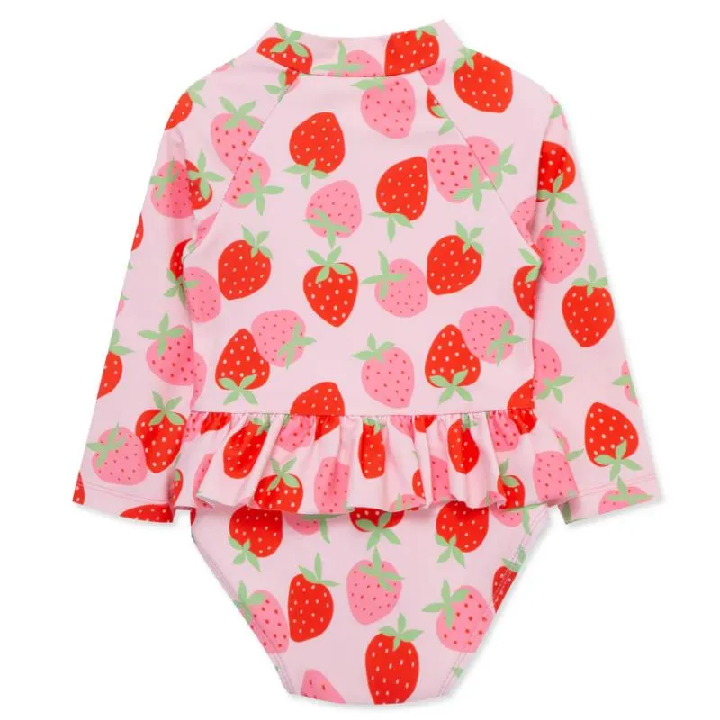 Little Me - Strawberry 1-Piece Rashguard Swimsuit, Rose - Image 2