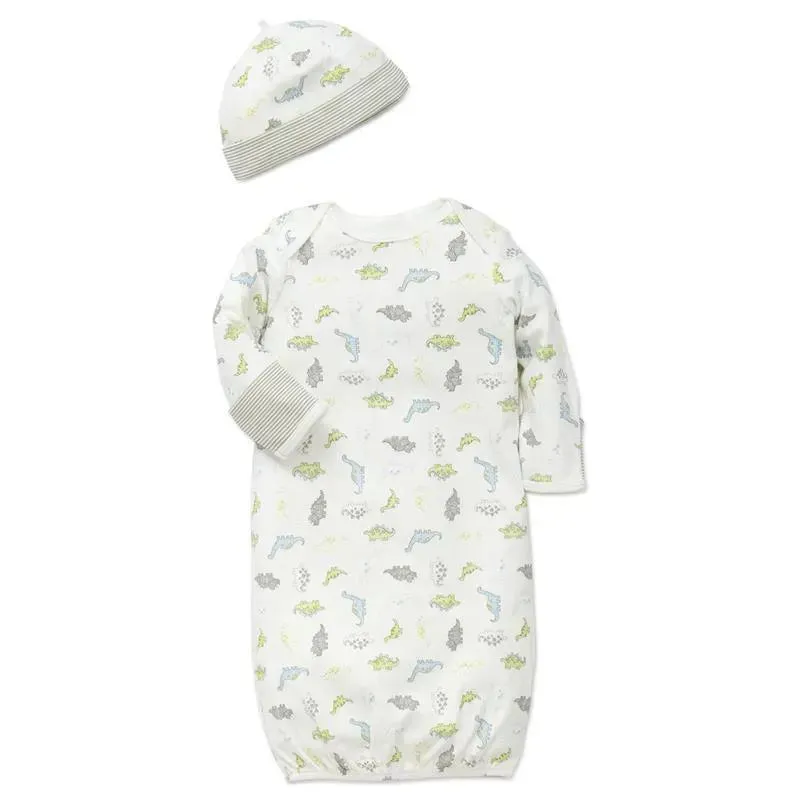 Little Me - Tiny Dinos Gown & Hat, White Print, 0/3M