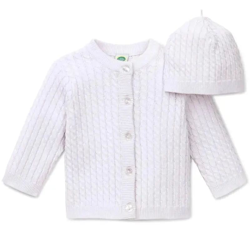 Little Me White Cable Sweater with Hat - Image 2