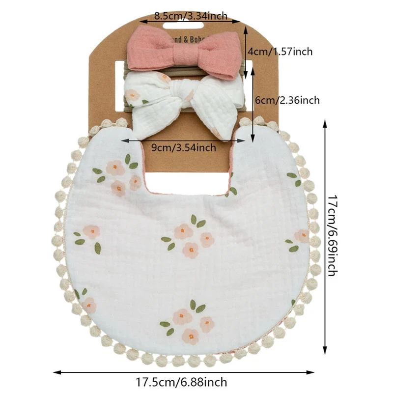 Little Trendy - Baby Floral Cotton Waterproofer Bib And Bows Headband Set, Color 1 - Image 2