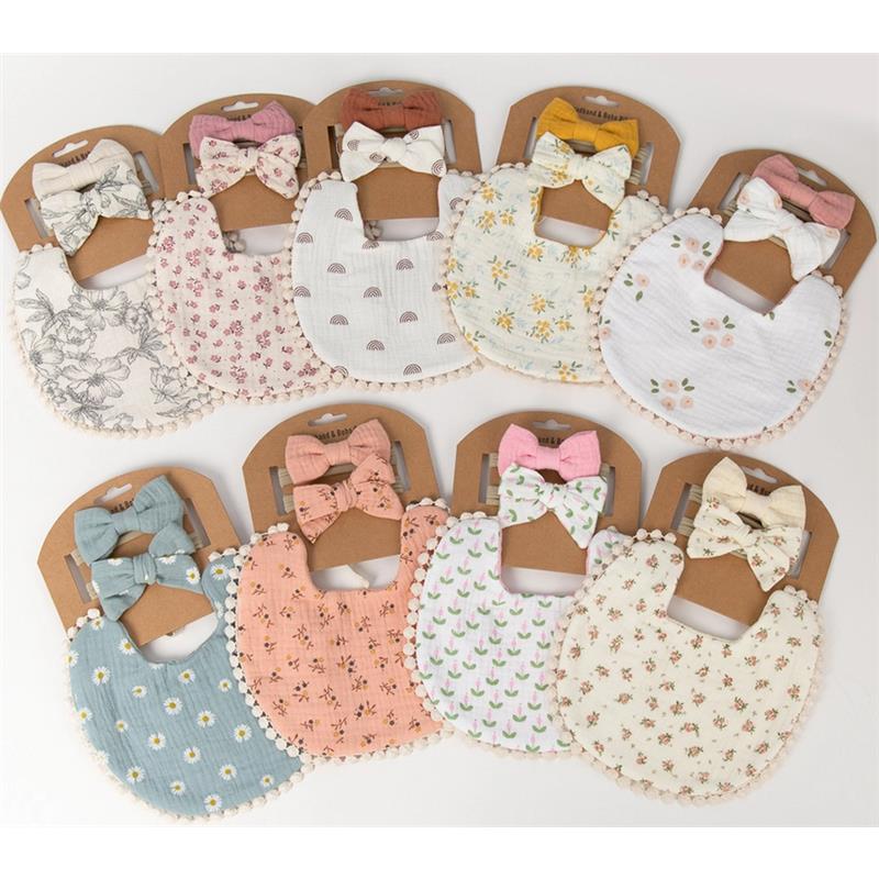 Little Trendy - Baby Floral Cotton Waterproofer Bib And Bows Headband Set, Color 4 - Image 3