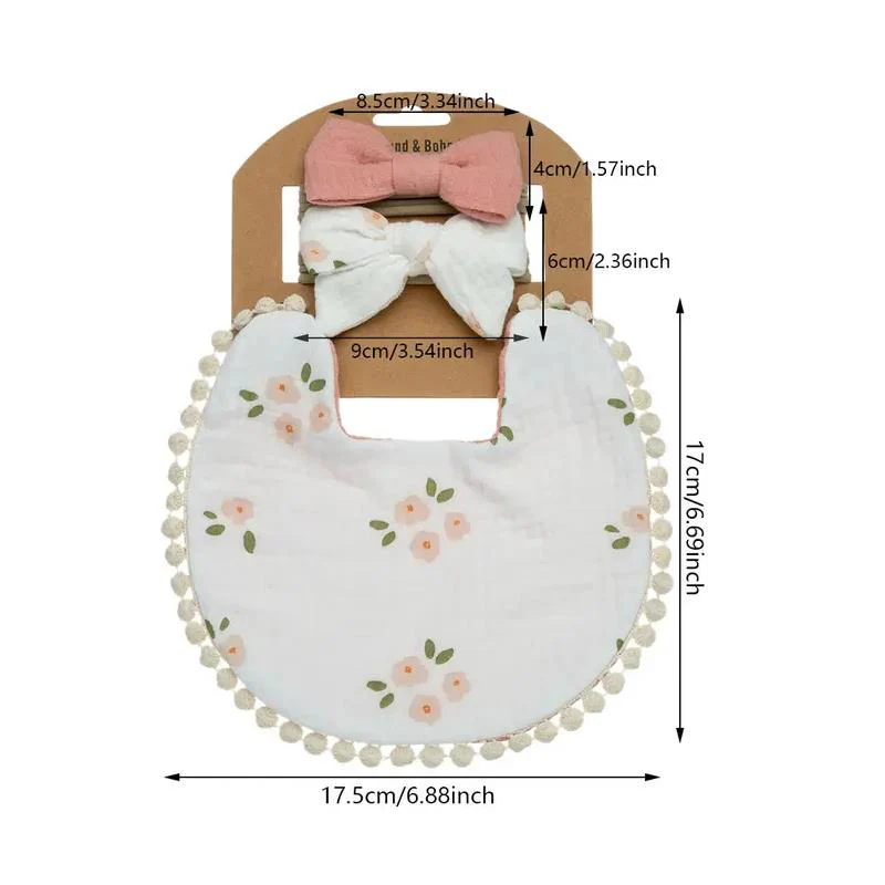 Little Trendy - Baby Floral Cotton Waterproofer Bib And Bows Headband Set, Color 6 - Image 2