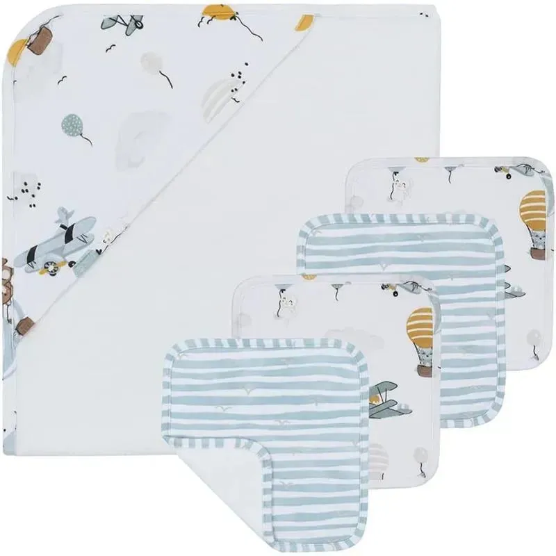Living Textiles - Baby Hooded Towel 5pc Bath Gift Set, Up up and Away, Blue
