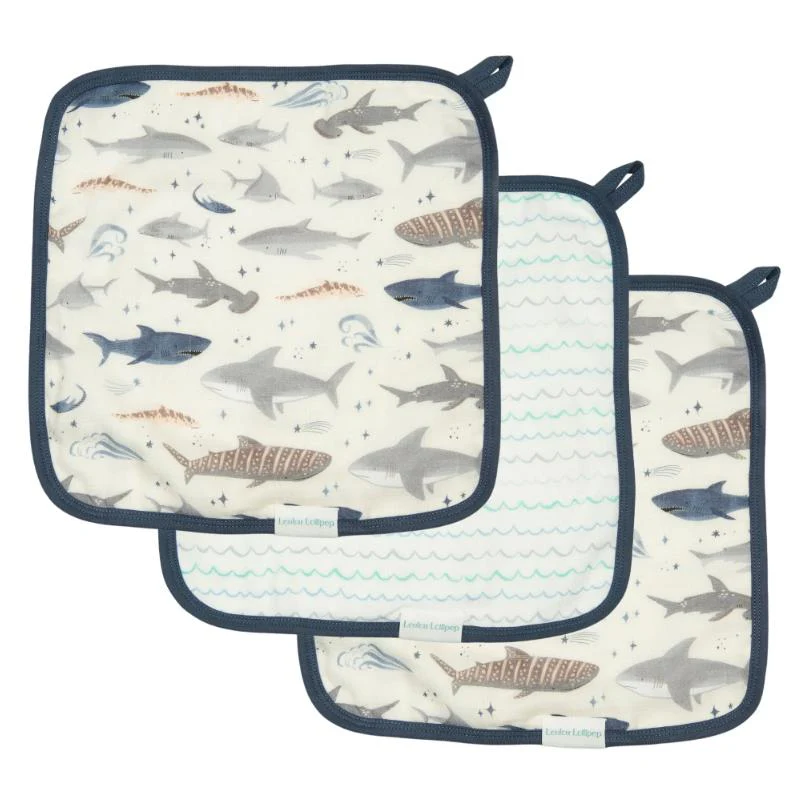 Loulou Lollipop 3Pk Washcloth Set Smiley Sharks