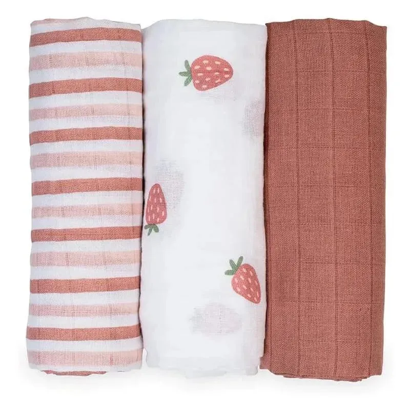 Lulujo - 3Pk Strawberries Muslin Receiving Blankets
