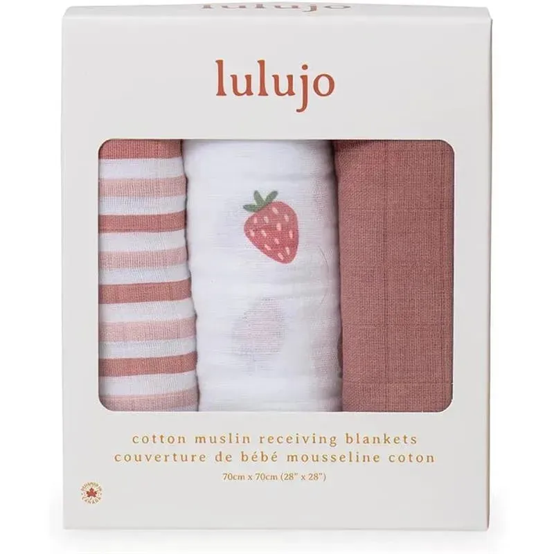 Lulujo - 3Pk Strawberries Muslin Receiving Blankets - Image 2