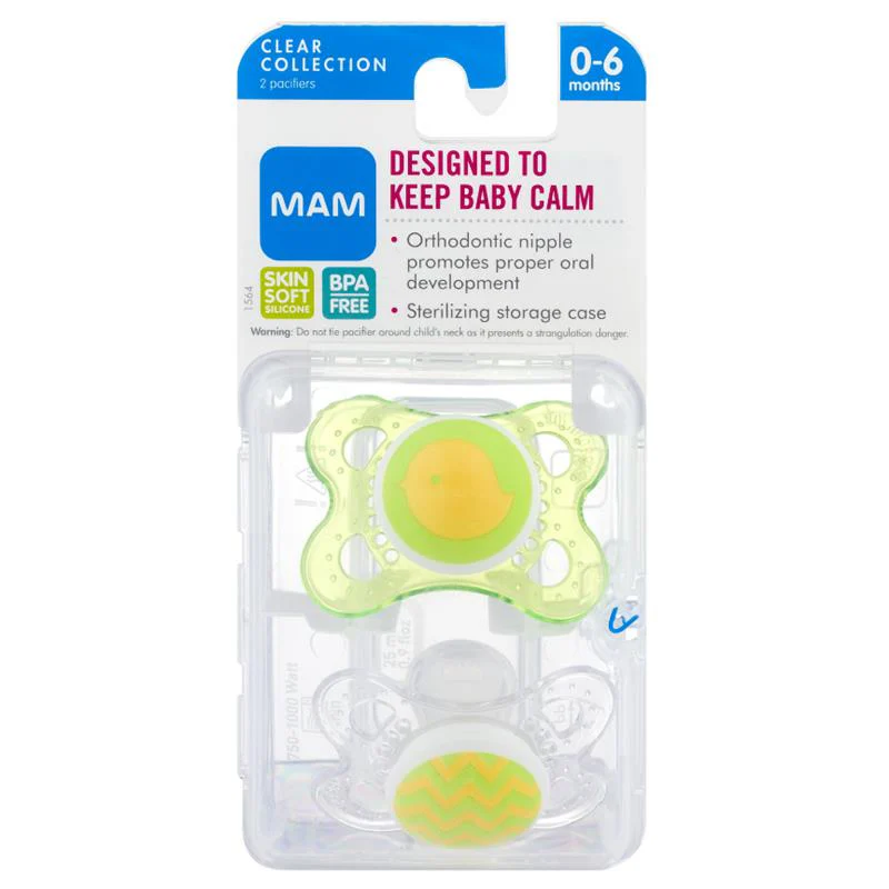 Mam - 2Pk Clear Orthodontic Silicone Pacifier 0/6M, Colors May Vary