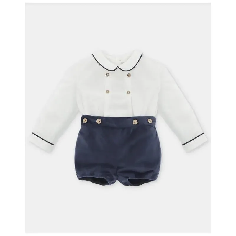 Martin Aranda - Baby Boy Set Shirt & Boys Shorts With Suspenders Velour Dark Blue