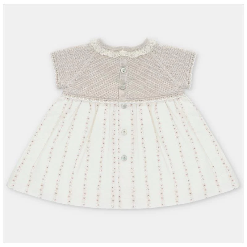 Martin Aranda Baby Girl Dress Knit & Woven Combo Quebec, Beige Mix - Image 2