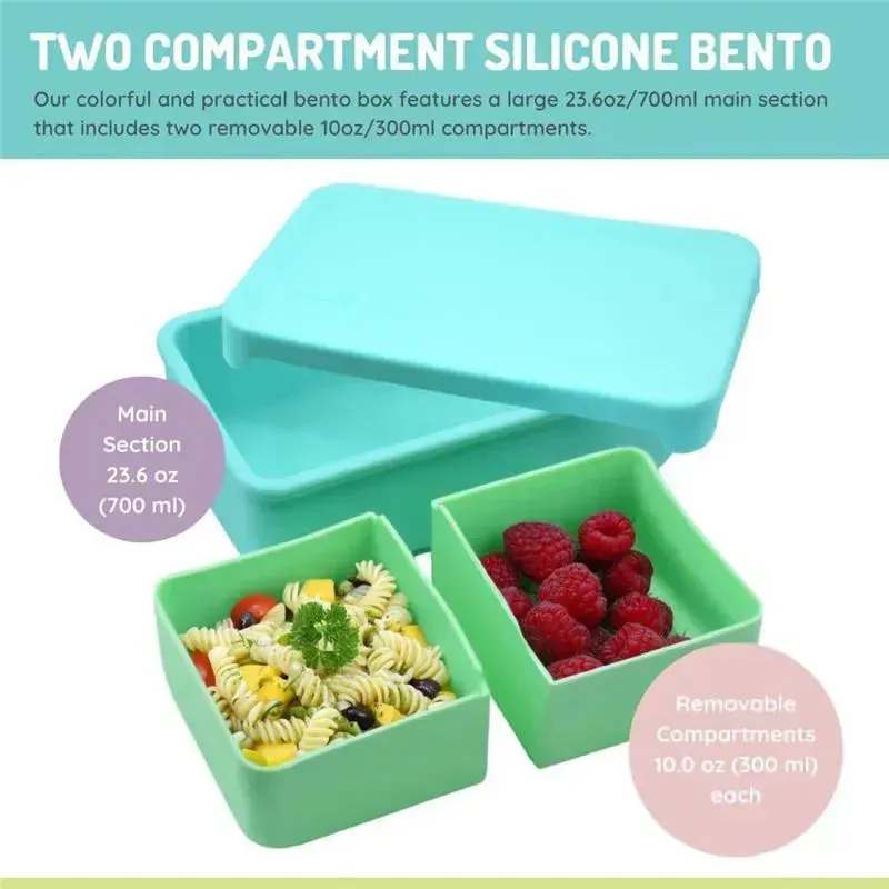 Melii - 100% Silicone Bento Box with Removable Dividers, 2 Compartments, Blue Mint - Image 5