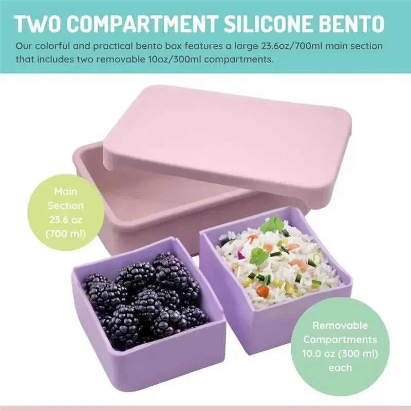 Melii - 100% Silicone Bento Box with Removable Dividers, 2 Compartments, Pink Purple - Image 4