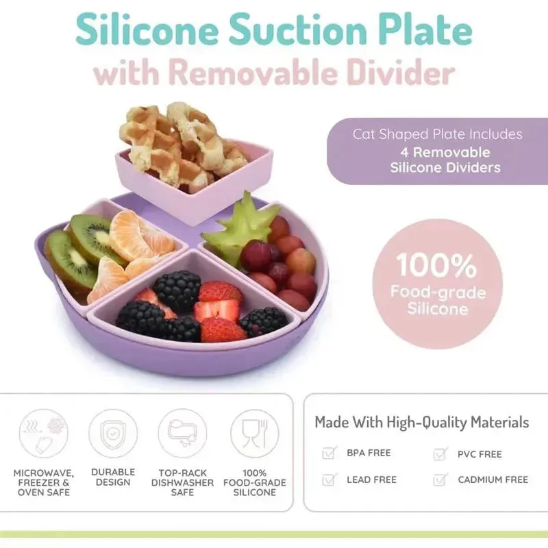 Melii - 100% Silicone Divided Suction Plate with Removable Dividers, Cat - Image 4