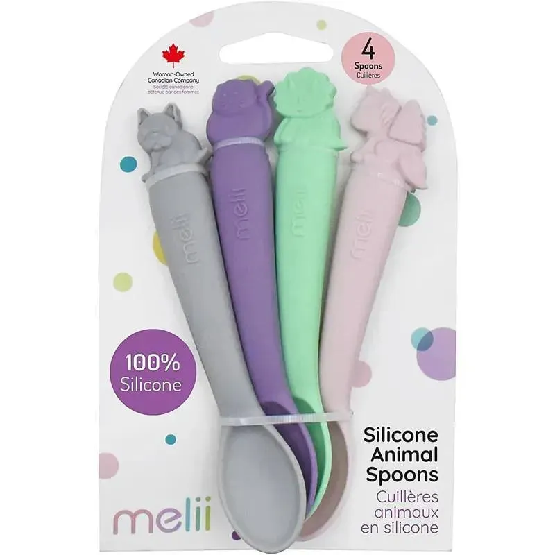 Melii - 100% Silicone Spoons, Baby and Toddler Feeding, BPA Free, 4 Piece Set, Dog, Cat, Unicorn, & Dino