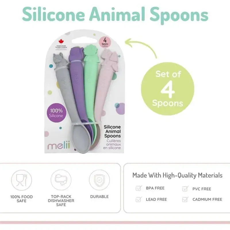 Melii - 100% Silicone Spoons, Baby and Toddler Feeding, BPA Free, 4 Piece Set, Dog, Cat, Unicorn, & Dino - Image 2