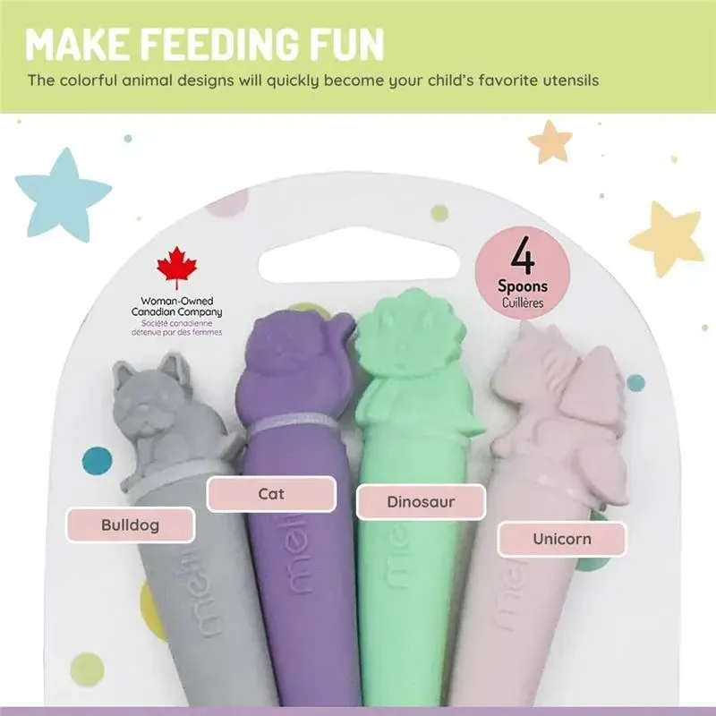 Melii - 100% Silicone Spoons, Baby and Toddler Feeding, BPA Free, 4 Piece Set, Dog, Cat, Unicorn, & Dino - Image 4
