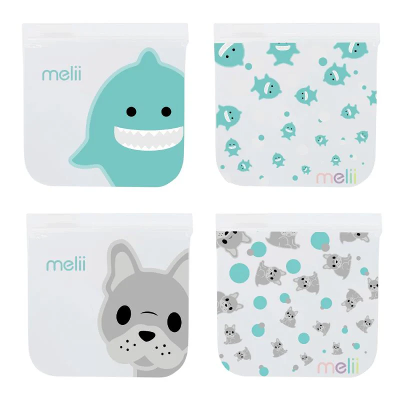Melii 4Pk Reusable Eva Animal Snack Bags, 2 Bulldog & 2 Shark