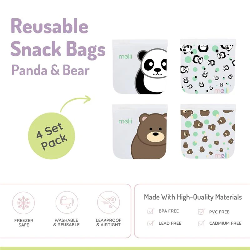 Melii - 4Pk Reusable Sandwich & Snack Bags for Kids, 2 Panda & 2 Bear - Image 3
