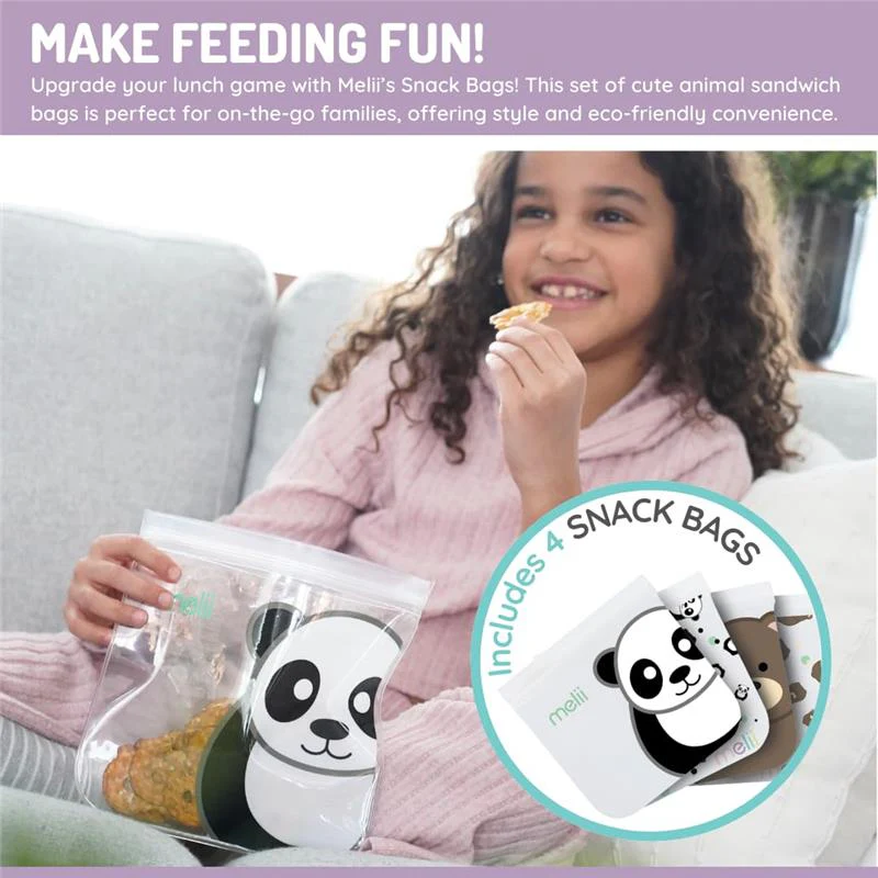 Melii - 4Pk Reusable Sandwich & Snack Bags for Kids, 2 Panda & 2 Bear - Image 4