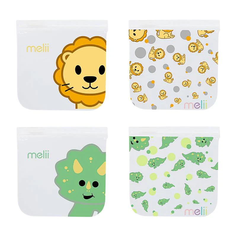 Melii - 4Pk Reusable Sandwich & Snack Bags for Kids & Adults, 2 Dinosaur & 2 Lion