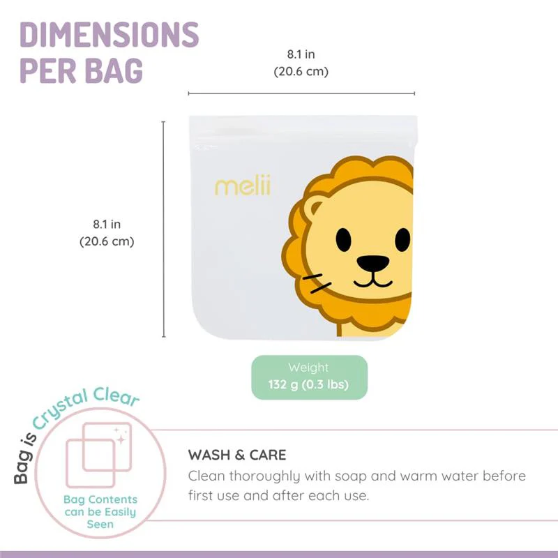 Melii - 4Pk Reusable Sandwich & Snack Bags for Kids & Adults, 2 Dinosaur & 2 Lion - Image 2