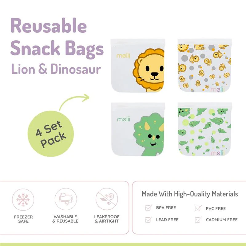Melii - 4Pk Reusable Sandwich & Snack Bags for Kids & Adults, 2 Dinosaur & 2 Lion - Image 3