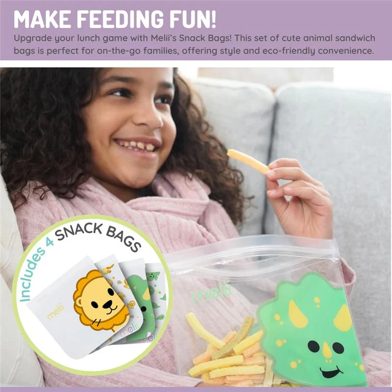 Melii - 4Pk Reusable Sandwich & Snack Bags for Kids & Adults, 2 Dinosaur & 2 Lion - Image 4