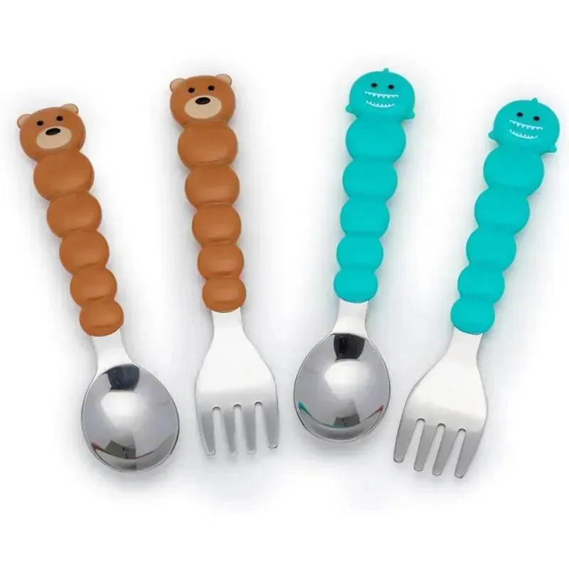 Melii - 4Pk Toddler & Kid Feeding Spoon & Fork Set, Shark & Bear