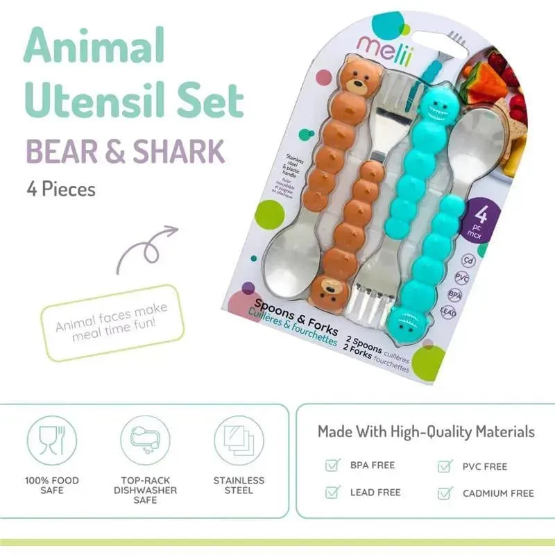 Melii - 4Pk Toddler & Kid Feeding Spoon & Fork Set, Shark & Bear - Image 3