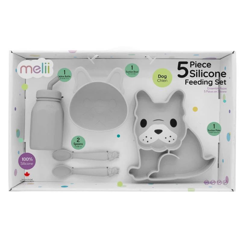 Melii - 5Pk Silicone Set, Suction Plate, Bowl, Bottle & 2 Spoons, Bulldog